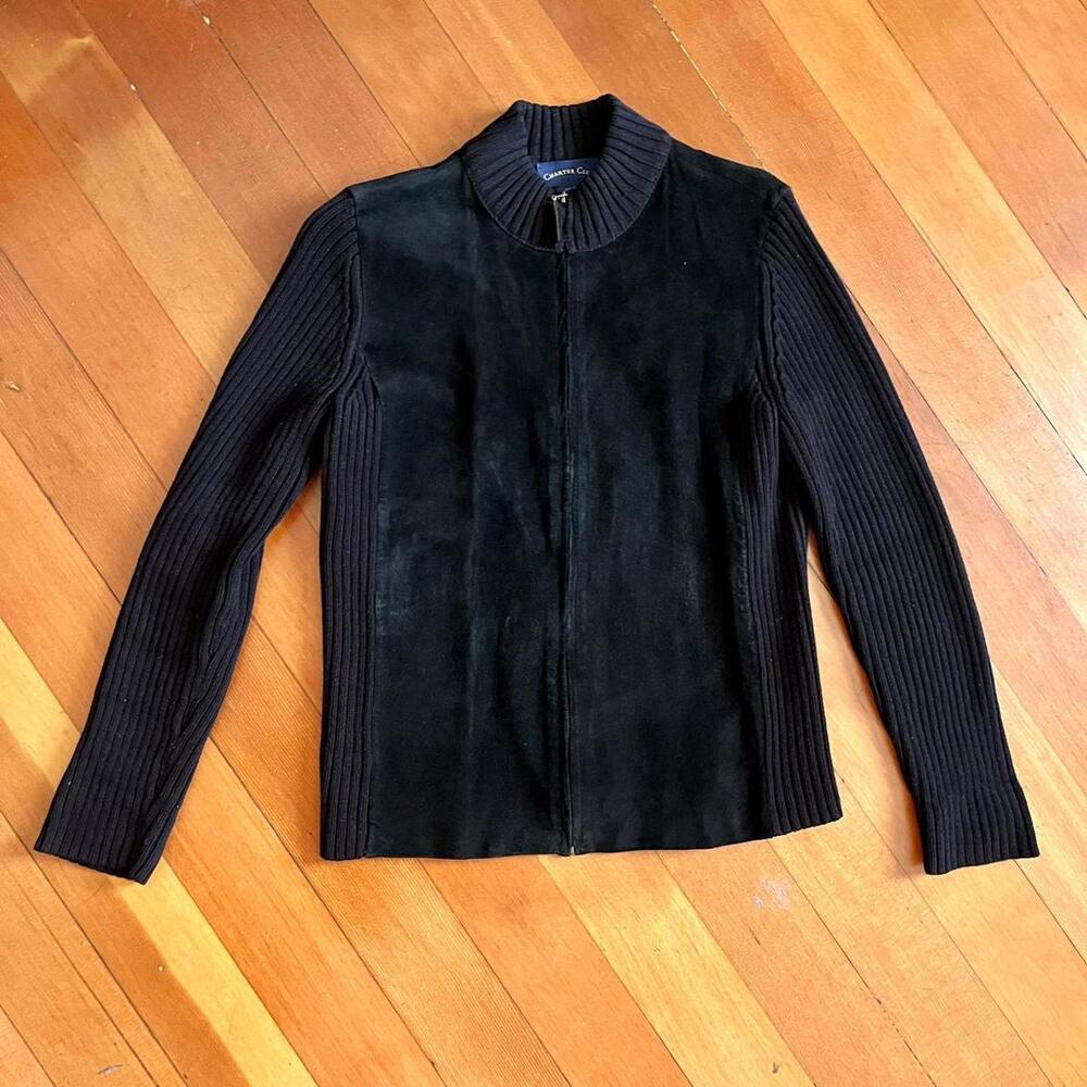 Charter Club Black Faux Suede & Knit Zip Up Sweater, Size Small